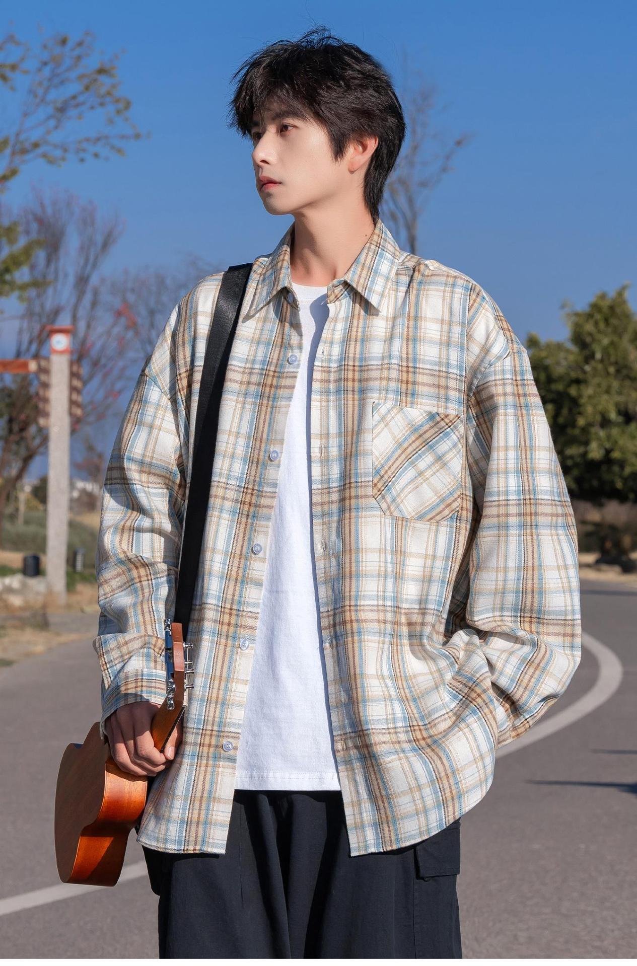 Camisa polo de manga comprida aos quadros para homem e mulher_voghion.com