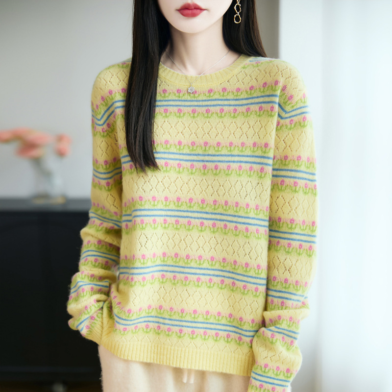 100%纯羊毛2025秋冬新女短款宽松圆领镂空提花套头打底针织衫毛衣|undefined