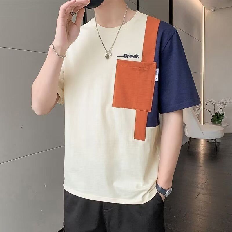 Youth Short-Sleeved T-Shirt Men's Summer Trendy Ins Loose Clothing New Summer Color-Blocking Half-Sleeved T-Shirt