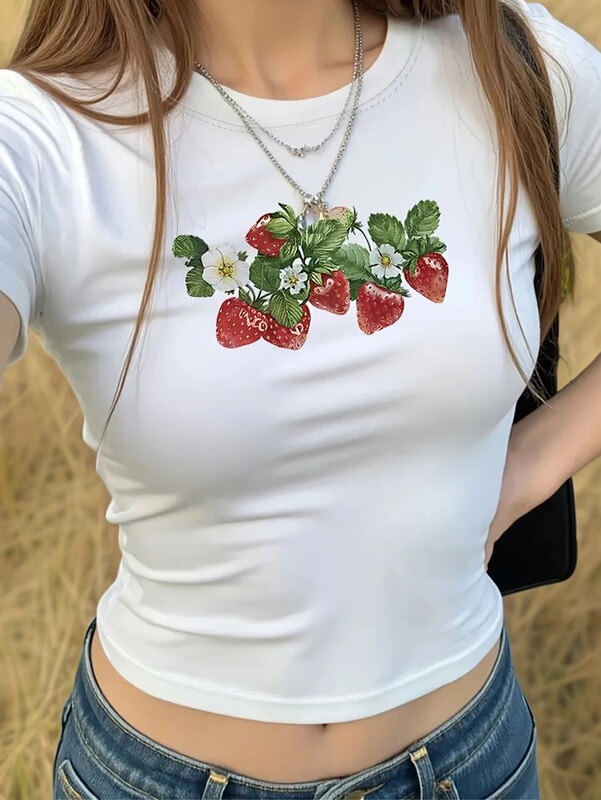 Women's Strawberry Bouquet Print Crop Top, Sweet Fruit-Themed Short-Sleeved White and Red-Green Strawberry Aesthetic Clothing