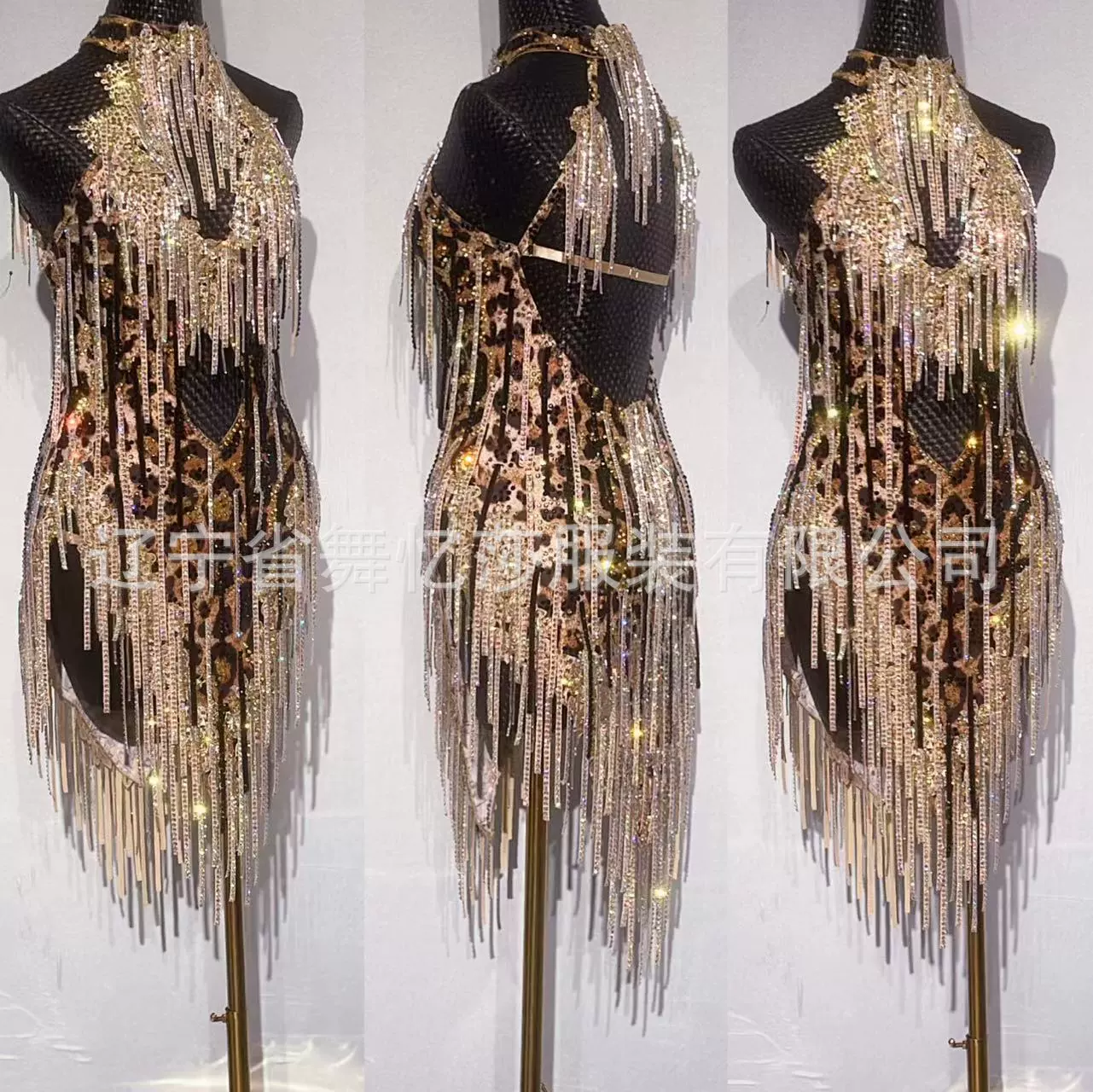 Европейский и американский трансграничный модный костюм для выступлений на сцене с золотыми бахромами и стразами, сексуальный латинский танцевальный костюм с леопардовым принтом