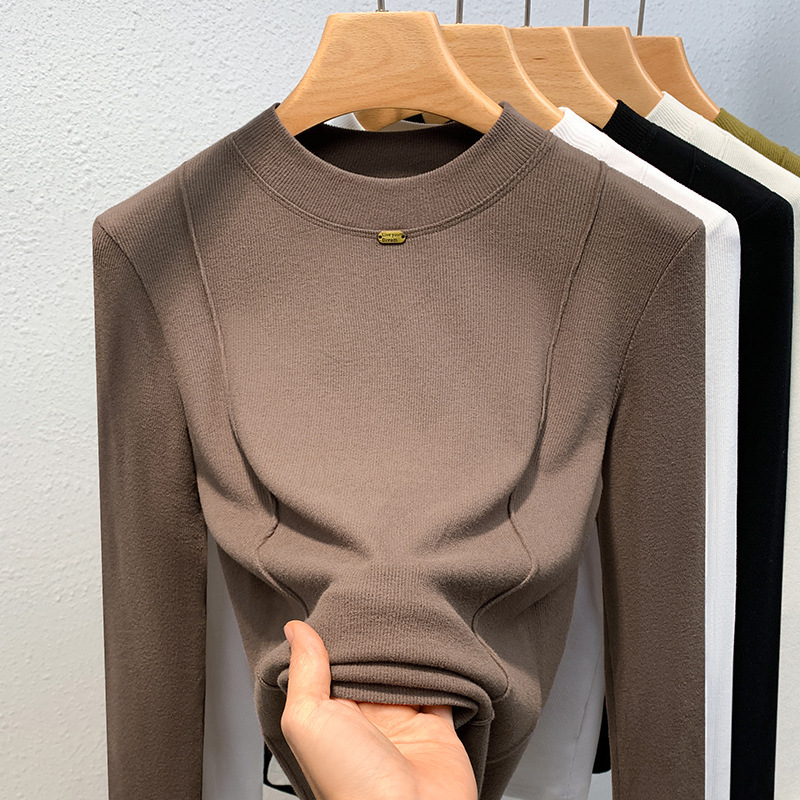Camiseta de cuello alto para mujer, estilo europeo 2025, nueva moda femenina, color sólido, manga larga, con diseño que estiliza la cintura y capa interior con diseño de espina de pescado.