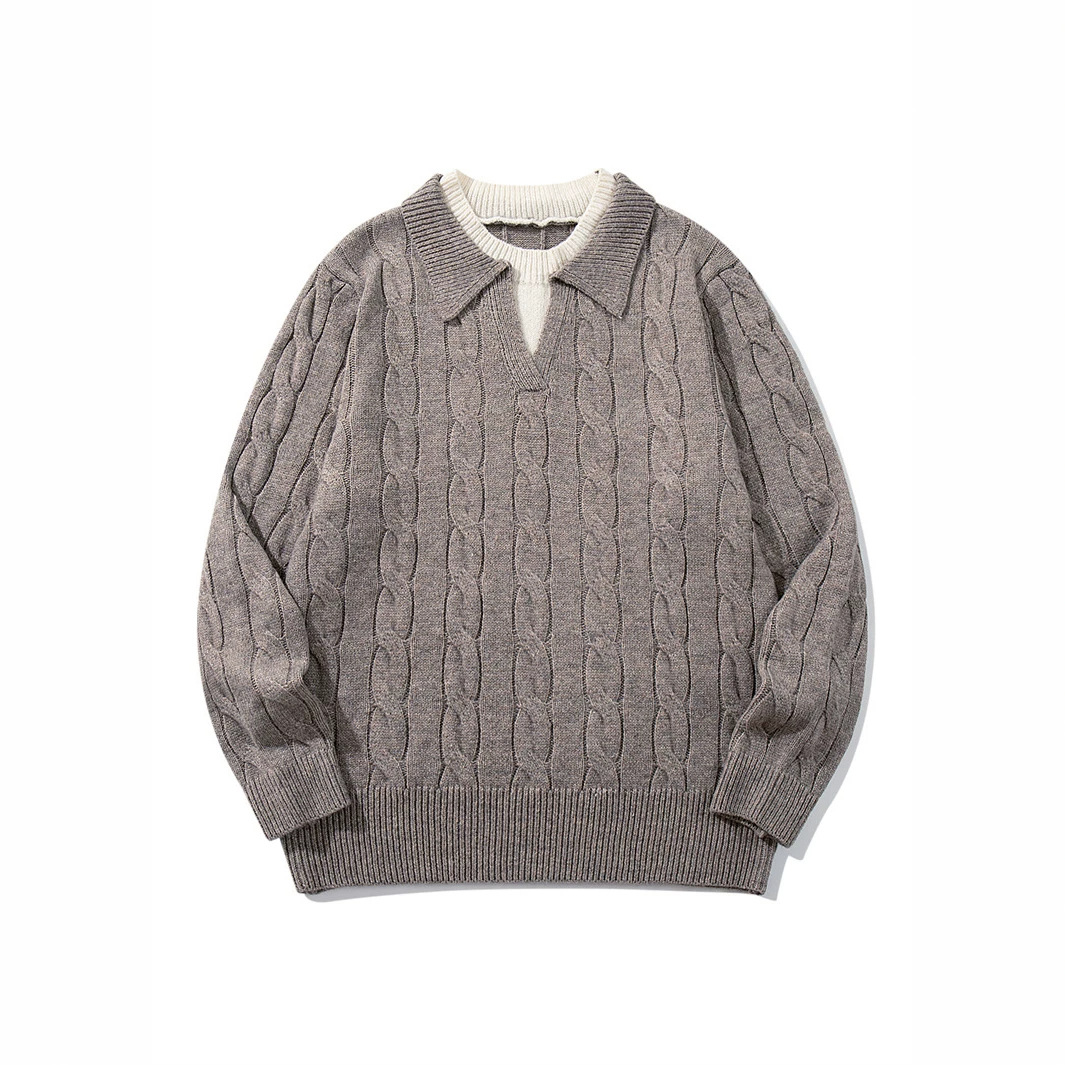Color-blocked, high-quality, faux two-piece knitted long-sleeve polo shirt sweater for men and women, suitable for casual wear in autumn