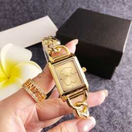 OEM women's watch金色四叶草图案方形女表金属链带女士石英腕表