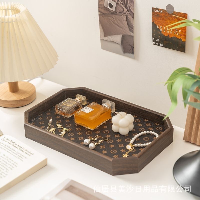 复古长方形桌面首饰摆件钥匙玄关收纳盒轻奢皮革中式茶盘托盘家用|undefined