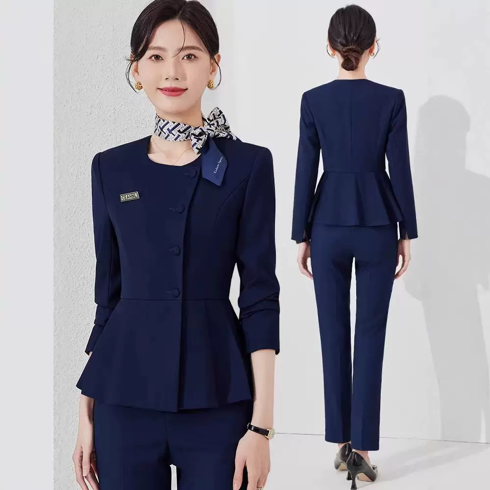 蓝色西装职业套装女秋季酒店前台接待经理工装珠宝店美容院工作服