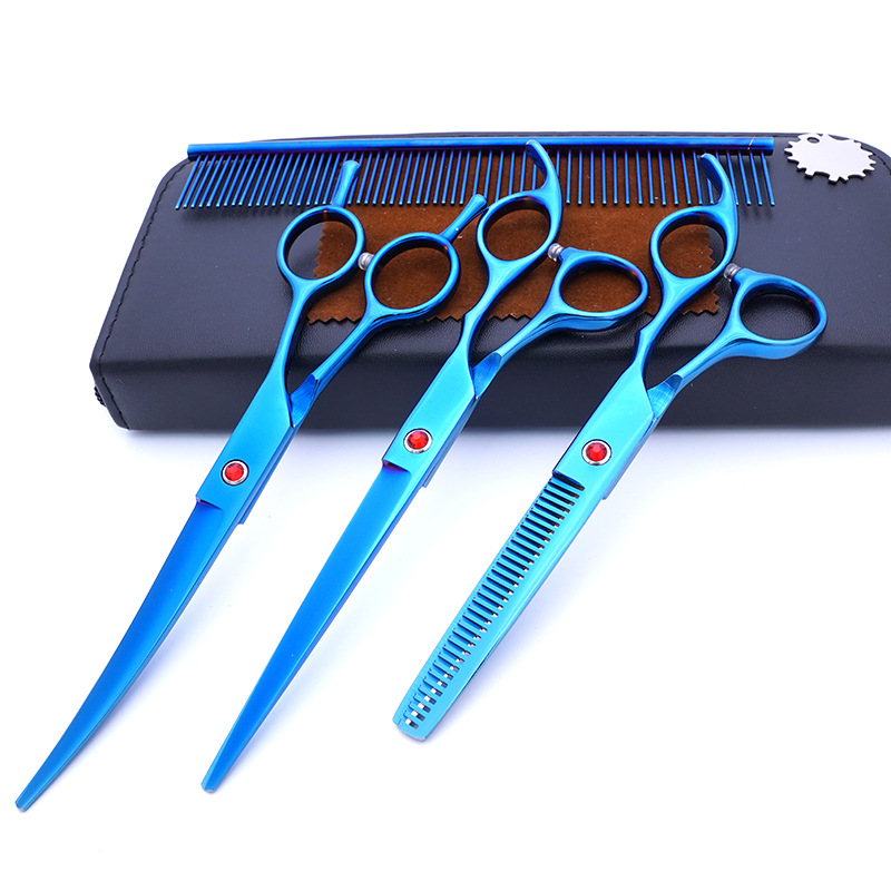 Fabricante de juegos de tijeras para mascotas, tijeras de peluquería canina al por mayor de 7 pulgadas, suministros morados para perros.