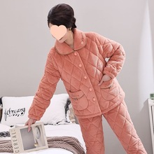 睡衣女士冬季珊瑚绒三层夹棉中老年妈妈加厚法兰绒保暖家居服套装