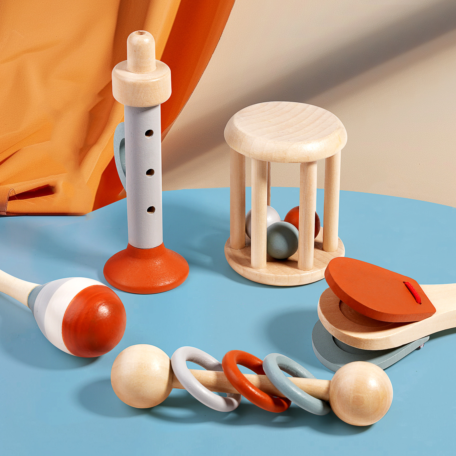 Juguetes transfronterizos CE / CPC para niños de madera Orf juego de instrumentos musicales de martillo de arena placas de campana tranquilizadora campana de cama juguete