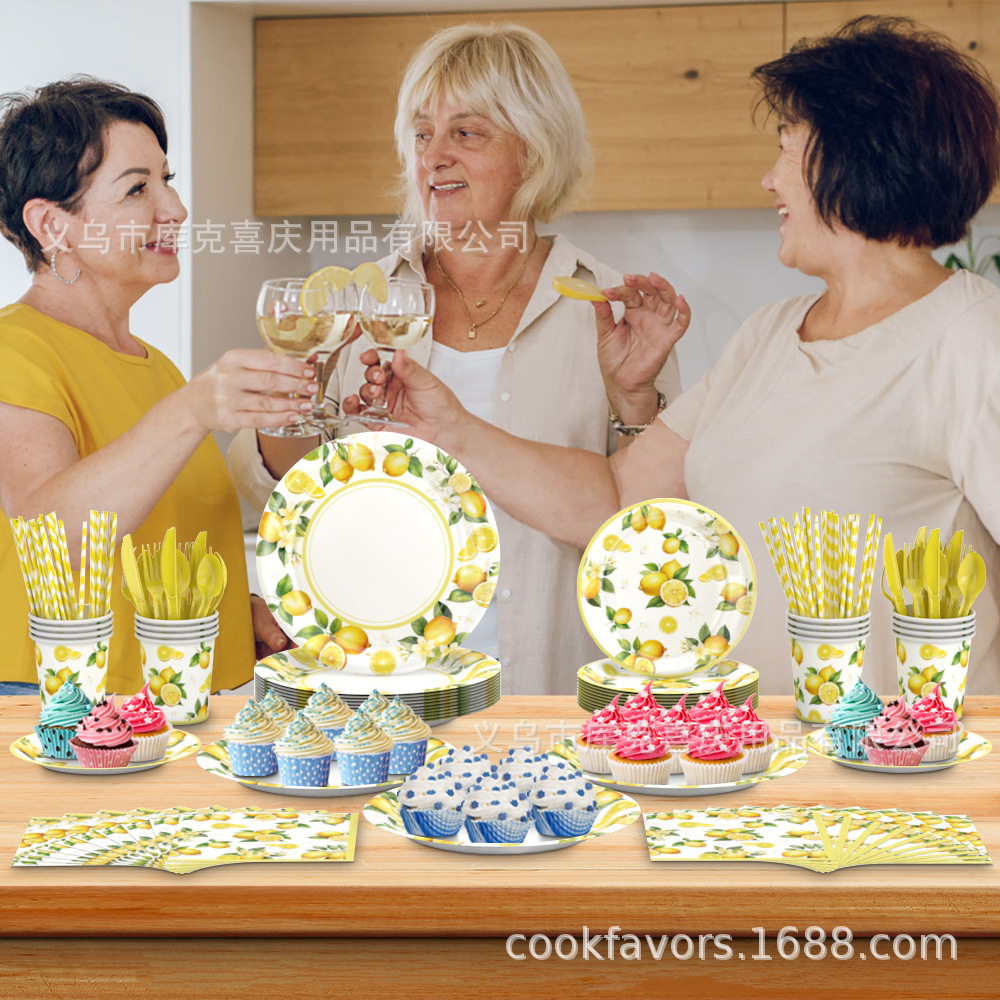 Cross-border amarillo tema de limón decoración de fiesta verano limón cumpleaños bandeja de papel desechable taza de papel toalla de papel mantel