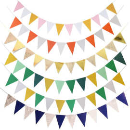 批发烫金三角旗波浪拉旗生日派对用品氛围装饰金银粉蓝三角旗横幅