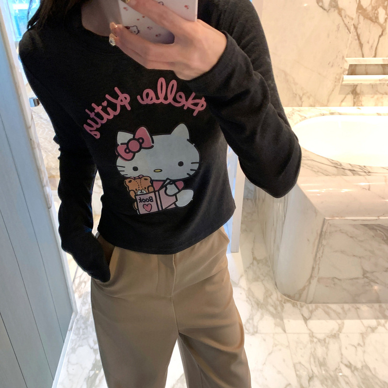 Niche Design Right Shoulder Cartoon Cute Long-Sleeved T-Shirt for Women 2025 New Autum Style Inner Wear and Tight Top