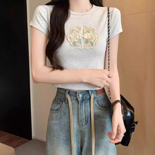 新中式国风圆领短袖T恤女夏季新款修身小个子短款甜辣妹打底上衣