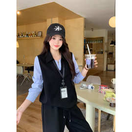 2026春装新款胖mm大码女假两件针织马甲衬衣阔腿裤套装