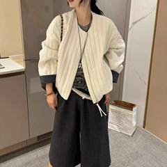 米白色女式棉质夹克冬季新款圆领短款薄外套女时尚休闲小个子7640