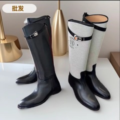 H家马术长靴真皮斜口锁扣侧粗跟不过膝直筒骑士靴