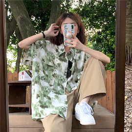 水墨画短袖港风复古花衬衫女宽松港风潮牌慵懒个性酷帅chic衬衣潮