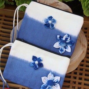 Yunnan Dali Ancient City Bai Handmade Tie Dye Blue Dye Fabric Zipper Coin Purse Portable Cosmetic Bag Mouth Red Bag