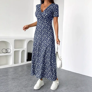 跨境欧美女装2025夏季新款亚马逊印花V领短袖性感收腰碎花连衣裙