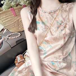 新中式国风碎花连衣裙女夏季大码女装高级感宽松巨显瘦旗袍背心裙