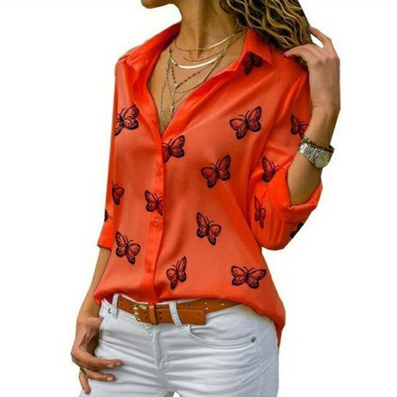 2020 Amazon wish express multicolor butterfly print loose Lapel shirt women