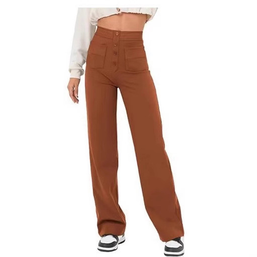 New Women's Black Casual Straight Leg Pants High Waist Elastic Buttons Multiple Pockets_ecoleips.com