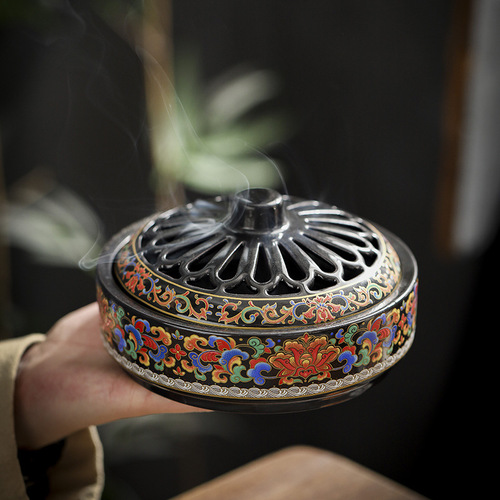 Large incense burner enamel sandalwood burner home aromatherapy stove plate mosquito incense burner home cloisonné aromatherapy 12 hours incense