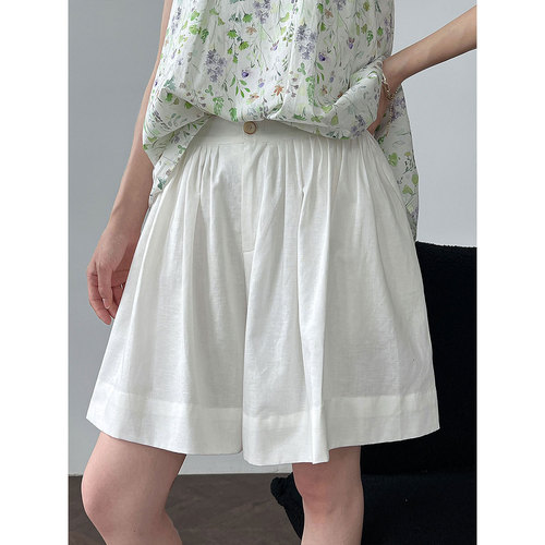 Lüxi Korean-style minimalist cotton-linen wide-leg shorts for women, summer new cool pleated A-line high-waist casual pants 1905
