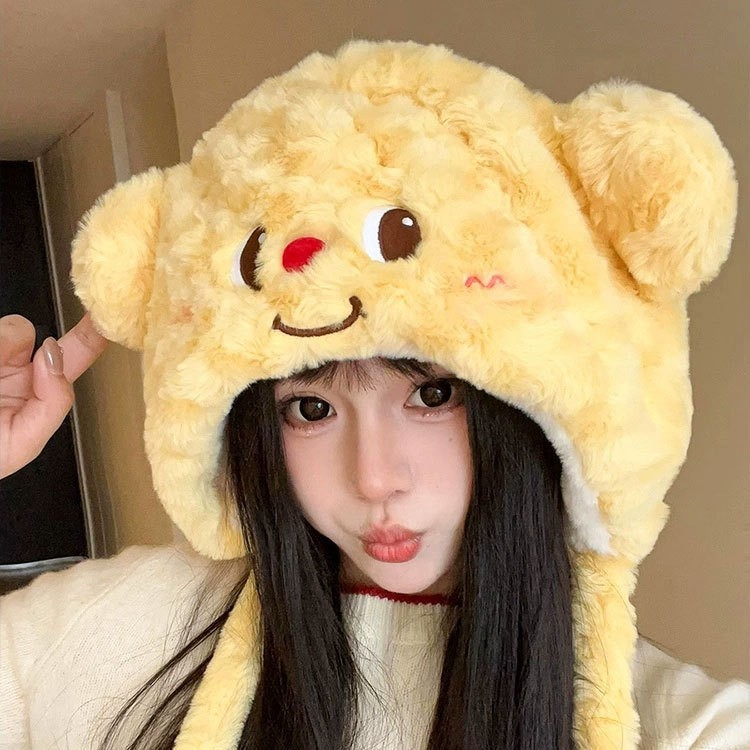 卡通可爱黄油小熊显脸小毛绒帽女秋冬季保暖防寒小熊帽护耳雷锋帽|undefined