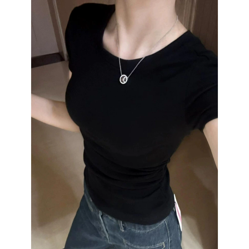 Черная модная футболка с коротким рукавом, slim fit, облягающая, открытые плечи