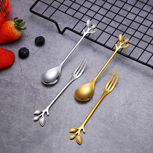 410 stainless steel leaf fork and spoon, golden coffee spoon, cake dessert spoon, fruit salad fork and spoon with engraved logo