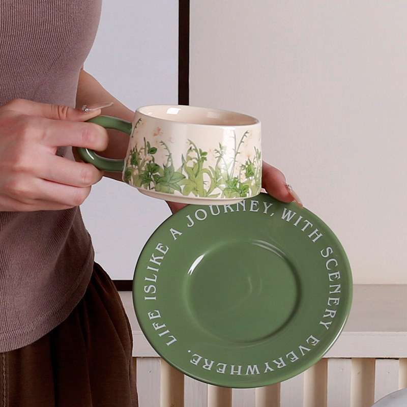 Taza y platillo de cerámica americana retro pintura al óleo de estilo antiguo verde lirio de los valles taza de café platillo Taza de té de la tarde estilo Hepburn