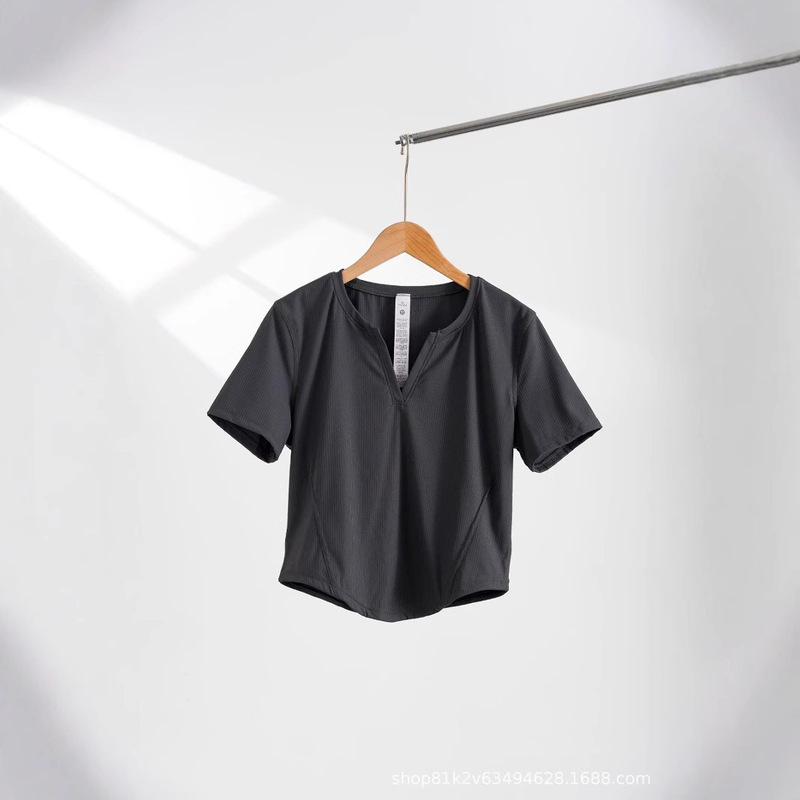 LuLu Ribbed Nulu レディース リブ V ネック 半袖 T シャツ オールマッチング ヘンリー シャツ オールマッチング スポーツ スリム フィット トップ|undefined