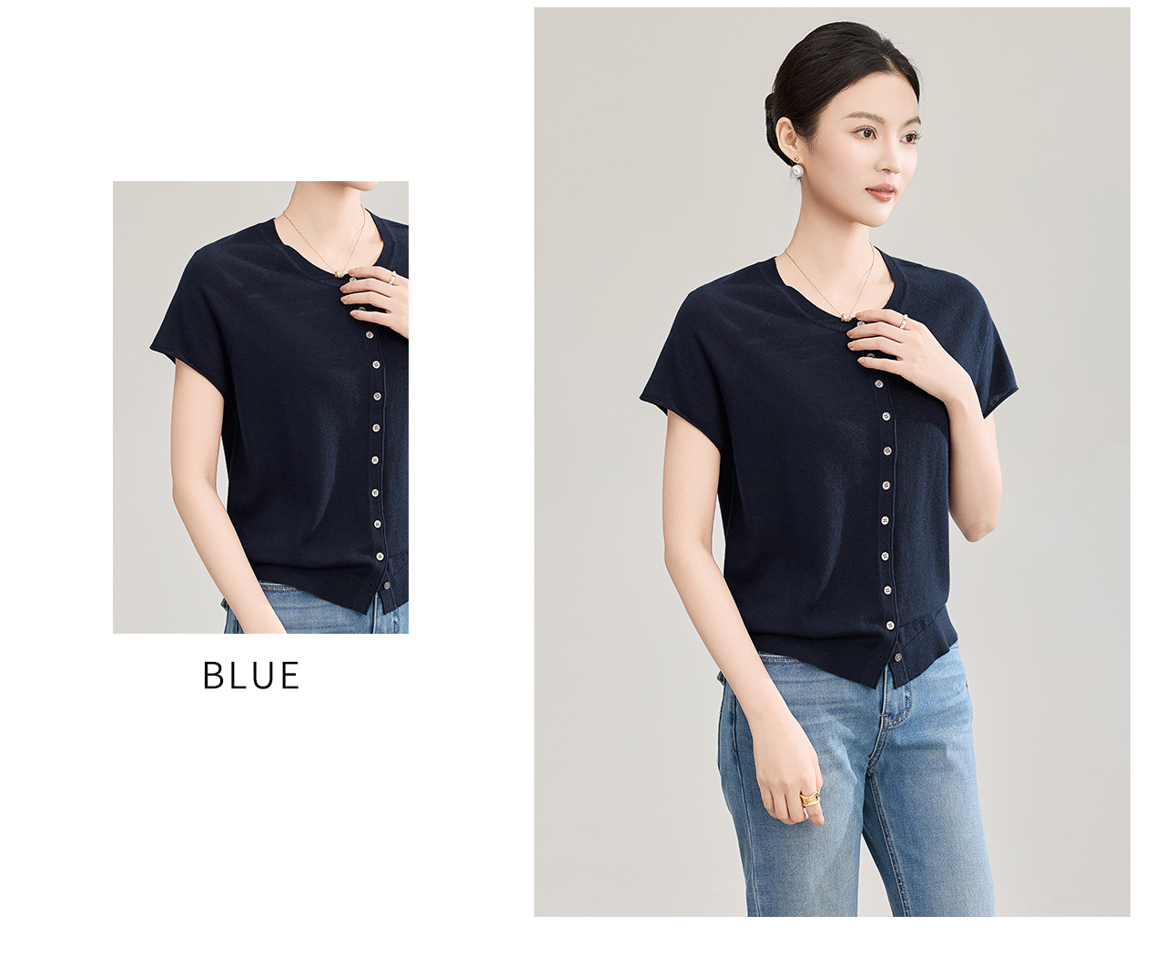 Áo cardigan len nhỏ tay ngắn dáng rộng phong cách lười biếng — màu xanh navy chi tiết 15