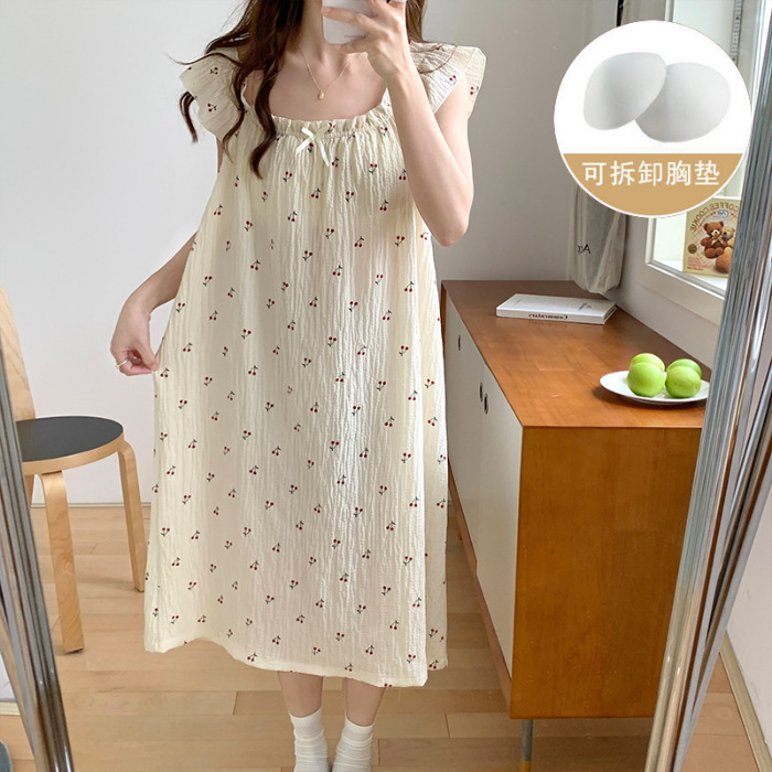 Pijama de verano, vestido de mujer, nuevo estilo con cojín de pecho, flores dulces, estudiantes, pijamas caseros, cabello de acento