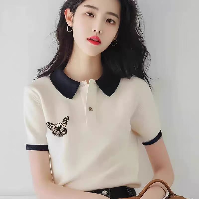 Áo thun nữ cổ polo tay ngắn trắng đơn giản họa tiết bướm — Màu trắng chi tiết 5