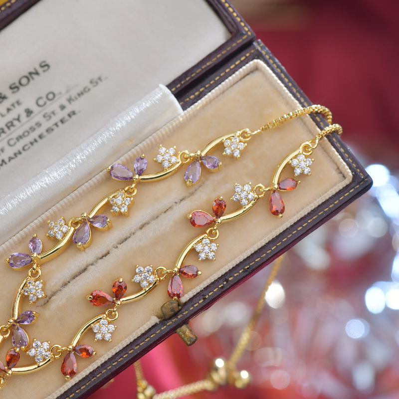 A203 Original Design Exquisite Zircon Leaf Bud Garnet Red Purple Electroplated Real Gold Delicate Pull-Out Adjustable Bracelet