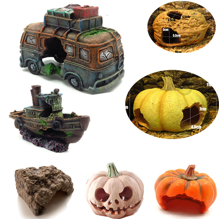 Tanque de peces paisaje decoración peces Camarón escondite casa podrido barco hundido escalada mascota escondite agujero Halloween calabaza tortuga Tabla de secado Mesa Roca