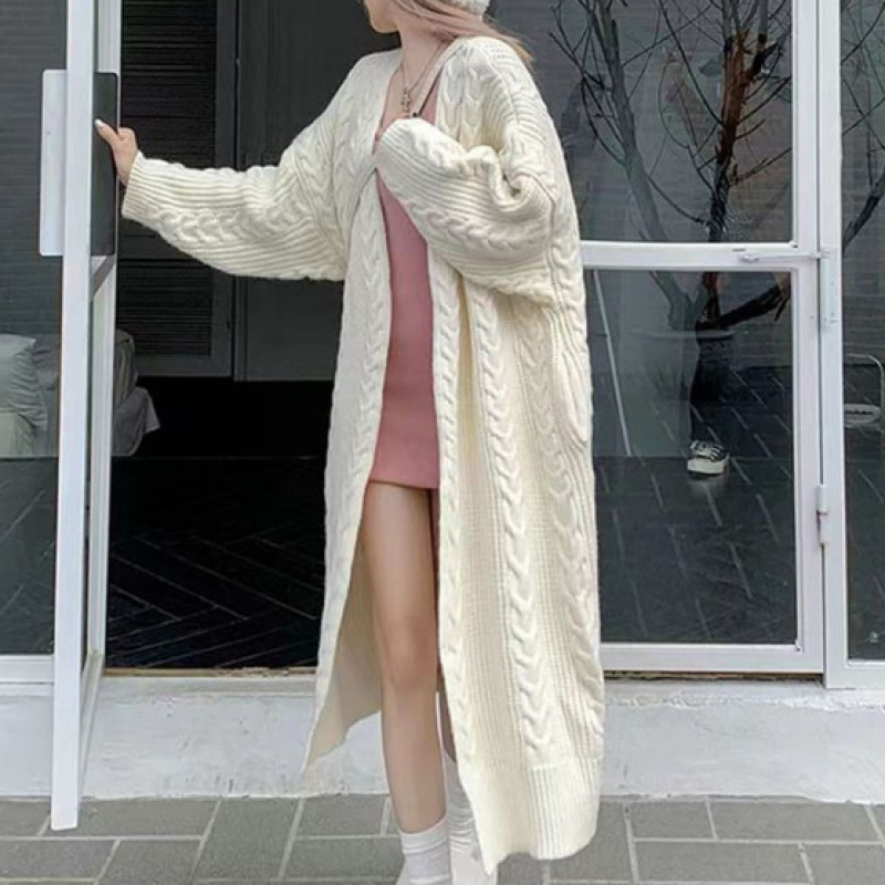 レトロな怠惰な風の麻の花の灰色の厚いセーターのコートの女性の秋冬のゆったりしている新型の中で長いニットのカーディガン|undefined