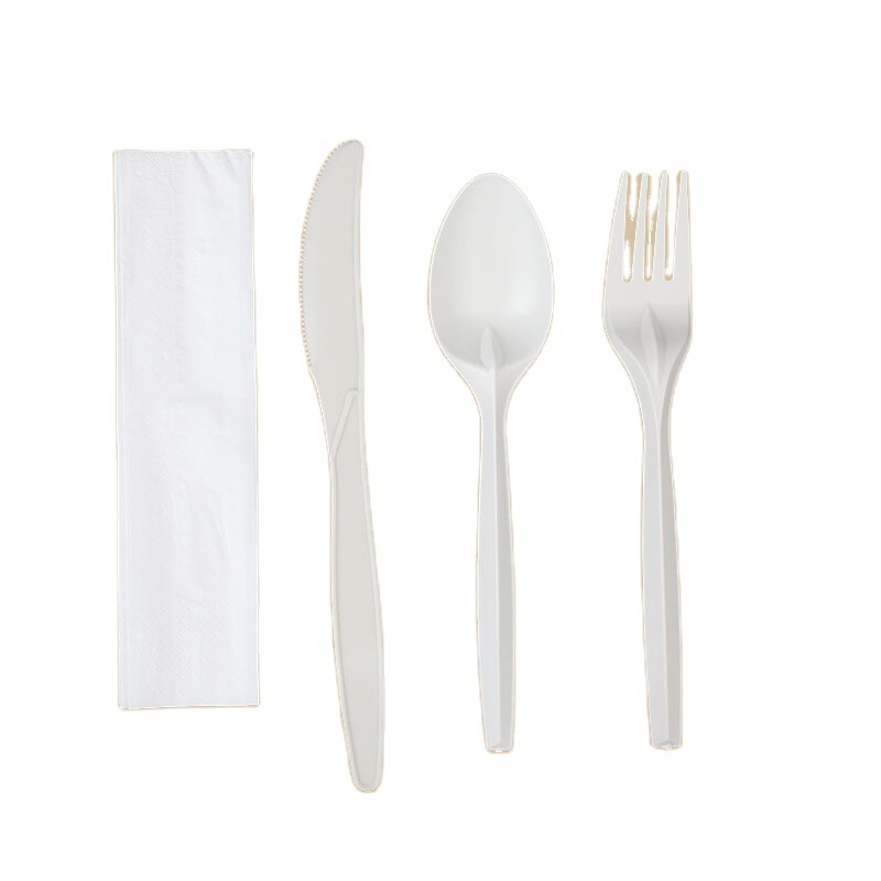 Delin Biodegradable Corn Starch Food Cutlery Set Disposable Knife, Fork, Spoon with Napkin Set