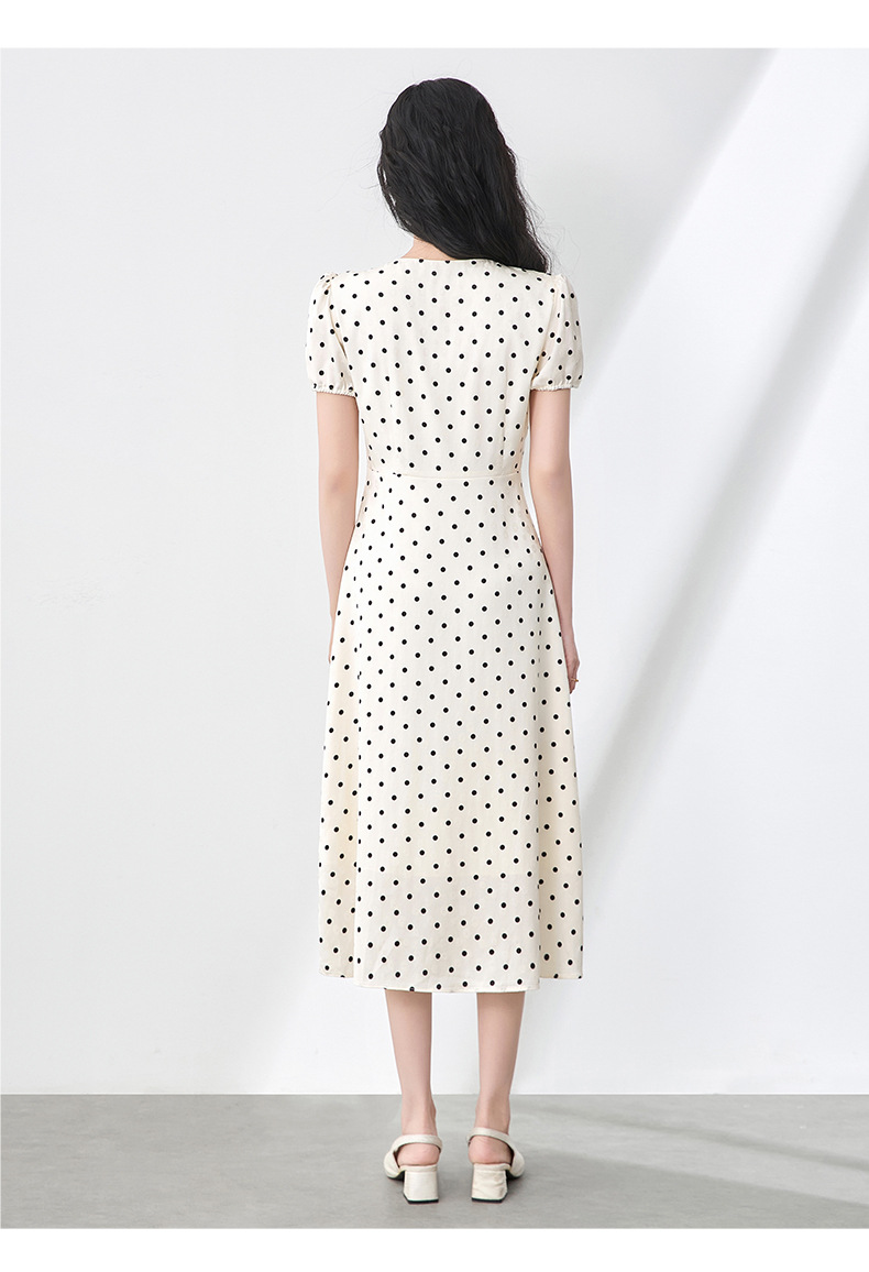 Váy maxi tay phồng chấm bi phong cách Pháp, chất liệu jacquard satin ren rủ — Màu mơ chi tiết 9