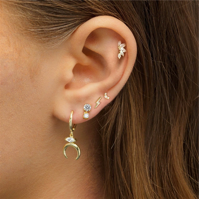 Piercing with zircon, cute small earrings, silver 925 sample