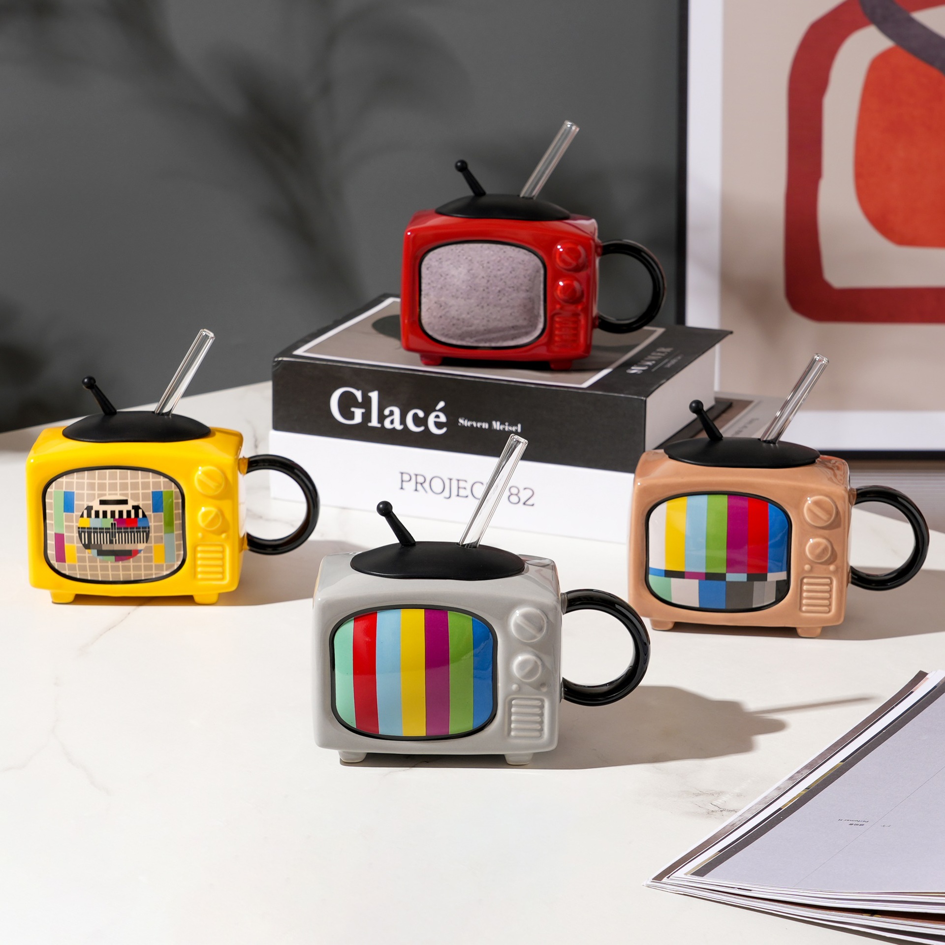 Personalidad divertida Taza de cerámica vintage TV estilo paja dibujos animados agua retro nostálgico beber regalo