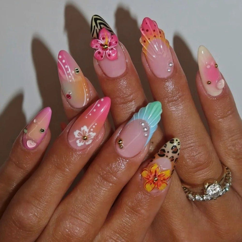 Estilo explosivo transfronterizo, armadura de vestir tridimensional en 3D, tipo gota, parche de uñas de flores de verano, arte de uñas corto de playa caliente