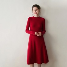 秋冬款羊绒针织连衣裙女圆领长裙收腰显瘦打底裙配大衣毛衣裙长款