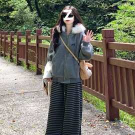 【纯棉复合银狐绒】韩系灰色慵懒风加绒毛领外套女2026秋冬新款