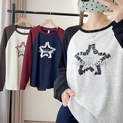200斤胖妹妹秋装新款休闲拼色印花字母卫衣大码减龄学生上衣8257