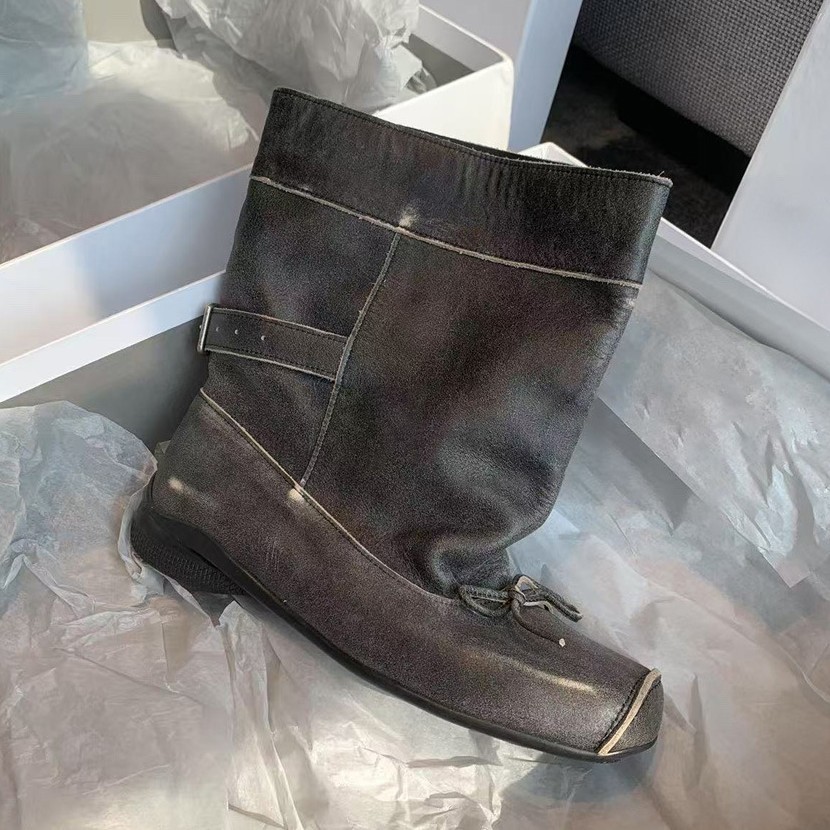 Lammfell-Version ~ Quadratische Retro-Schleife, dicke Sohle, kurze Ballettstiefel, schmale Passform, großer Schaftumfang, gerader Schaft, Western-Cowboystiefel_voghion.com