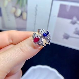 925 Silver Set Natural Ruby Sapphire Ring Women's Niche All-match Personality Fashion Advanced Sense Main Stone 4*6