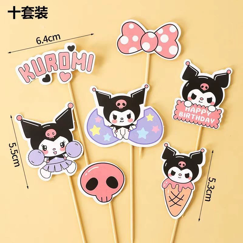 Cake toppers (Kulomi) Kuromi & Yugui dog figurines, colorful 10‑piece sets, birthday dessert